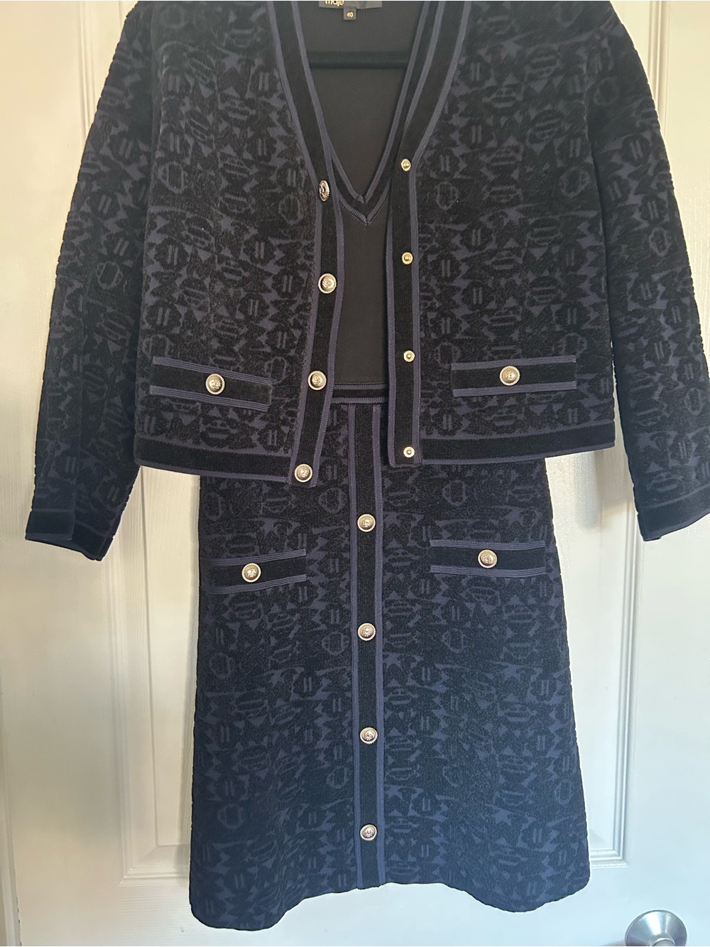 Maje Navy and Black Knit Jacket & Skirt Set